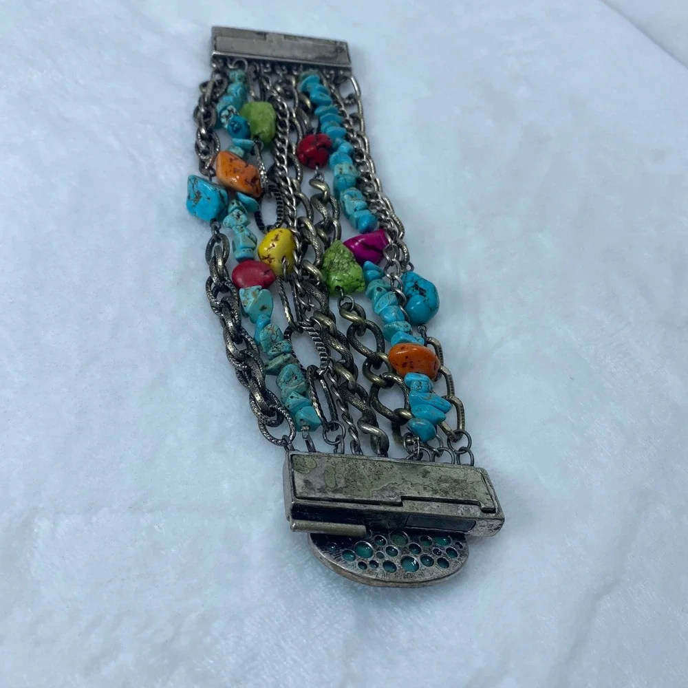 Multicolored Turquoise Stone Bracelet‎ Silver Tone Chain Boho Statement